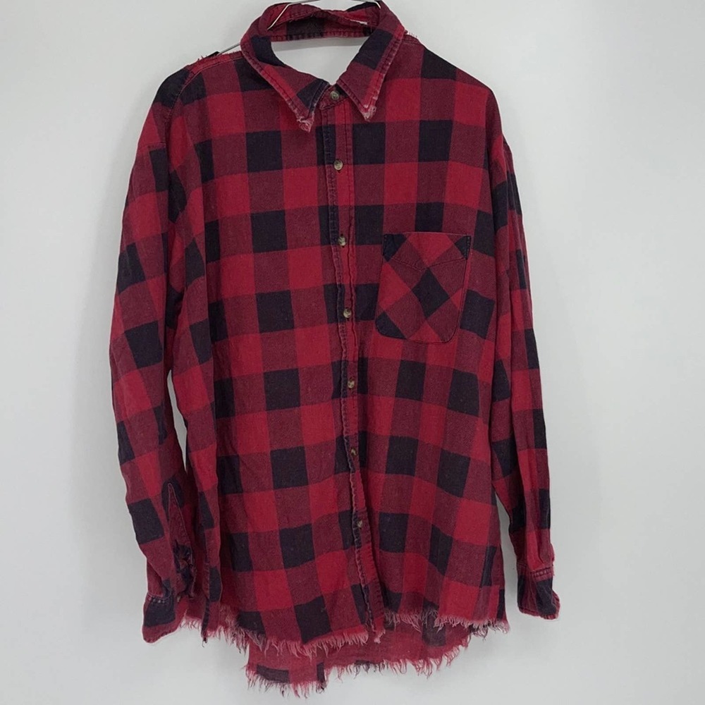 LF FURST OF A KIND RED & BLACK BUFFALO CHECK DISTRESSED FLANNEL SHIRT ONE SIZE